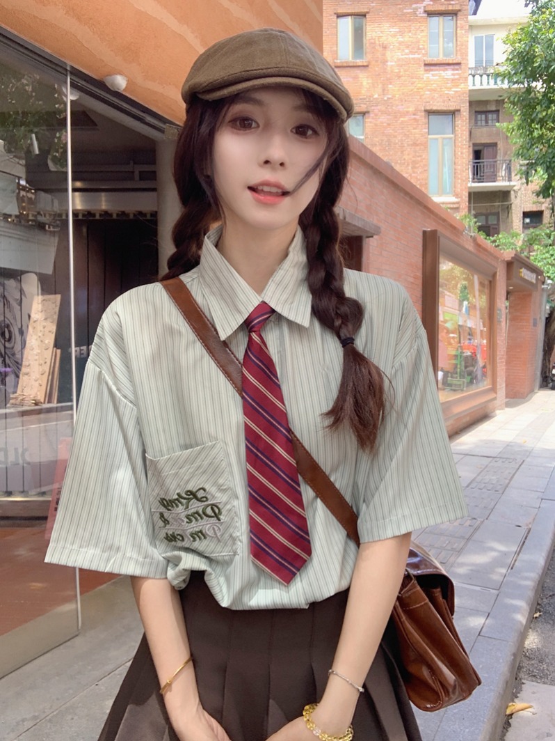 實拍 韓系復古學院風條紋襯衫短袖新款百搭休閒Polo領上衣送領帶