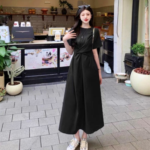 mm design cross pleated strap short-sleeved dress summer waist slimming bow long skirt