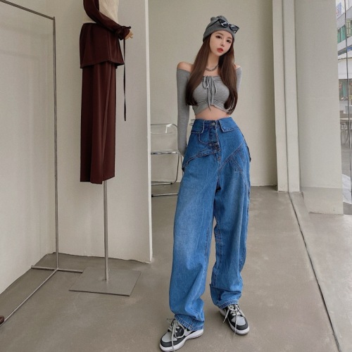 Real shot!  Cool design ins high-waist slim drape floor-length pants retro wide-leg jeans for women