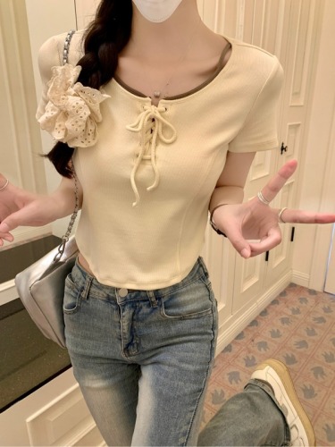 Real shot of 260 grams of fine cotton French thread short-sleeved T-shirt summer trend lace-up slim short round neck top for women