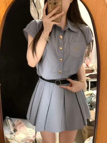 Korean style pure lust style striped shirt dress short skirt summer high-end temperament waist slimming pleated skirt belt