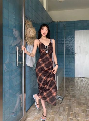 withmin holiday sweetheart slimming temperament casual plaid sleeveless cool long dress 2410656