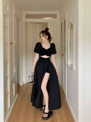 Temperament Hollow French Little Black Dress Women's Summer New Style Waist Slim Dress Puff Sleeves Square Neck Slit Long Skirt