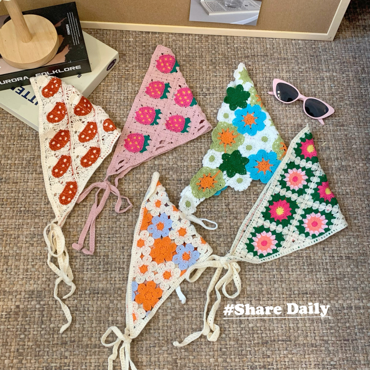 Shot in real life Triangular scarf women's thin summer French headscarf head wrap silk scarf retro decoration pastoral style