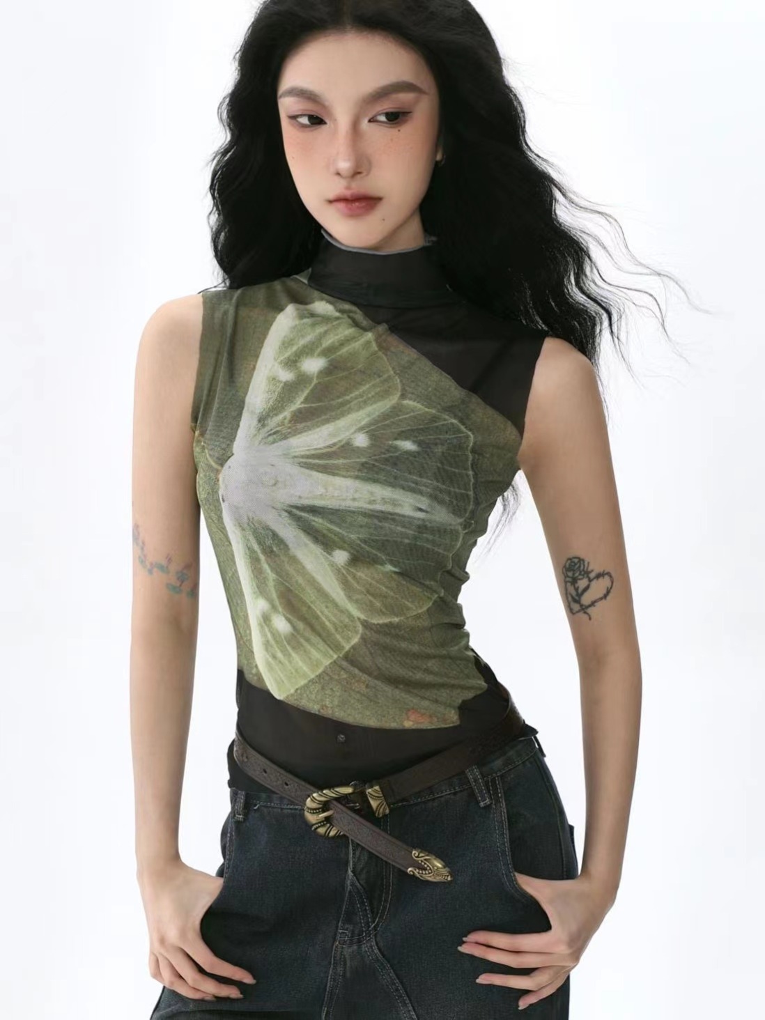 Millennium y2k Hot Girl Butterfly Print High Neck Mesh Vest Women 2024 Summer Retro Slim Sleeveless Retro Top