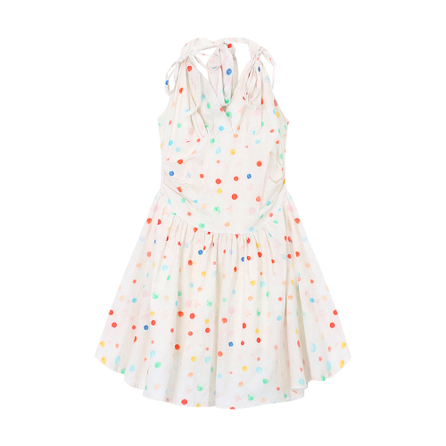 Sweet style rainbow polka dot halter neck suspender dress for women French style waist slimming mid-length v-neck dress