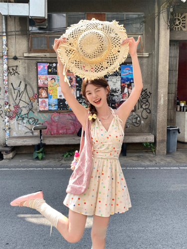 Sweet style rainbow polka dot halter neck suspender dress for women French style waist slimming mid-length v-neck dress