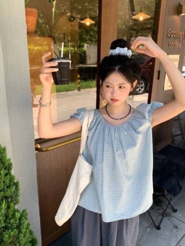 Actual shot~Korean style summer gray and blue plaid round neck puff sleeve niche shirt~