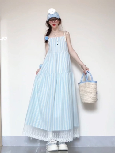 Sweet blue striped suspender dress for women 2024 new summer seaside resort style super beautiful long dress