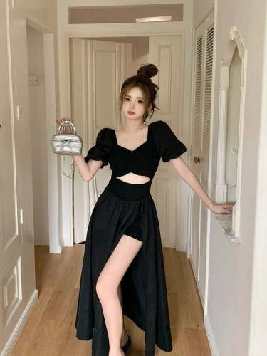 Temperament Hollow French Little Black Dress Women's Summer New Style Waist Slim Dress Puff Sleeves Square Neck Slit Long Skirt