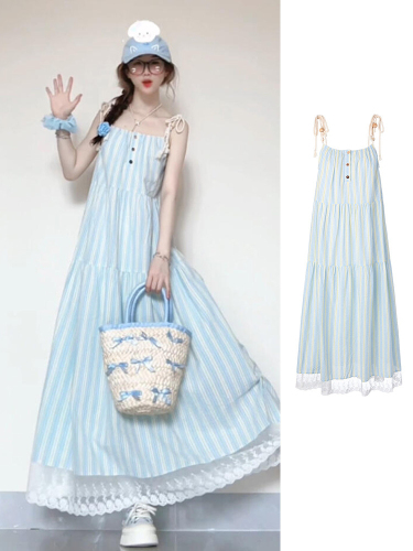 Sweet blue striped suspender dress for women 2024 new summer seaside resort style super beautiful long dress