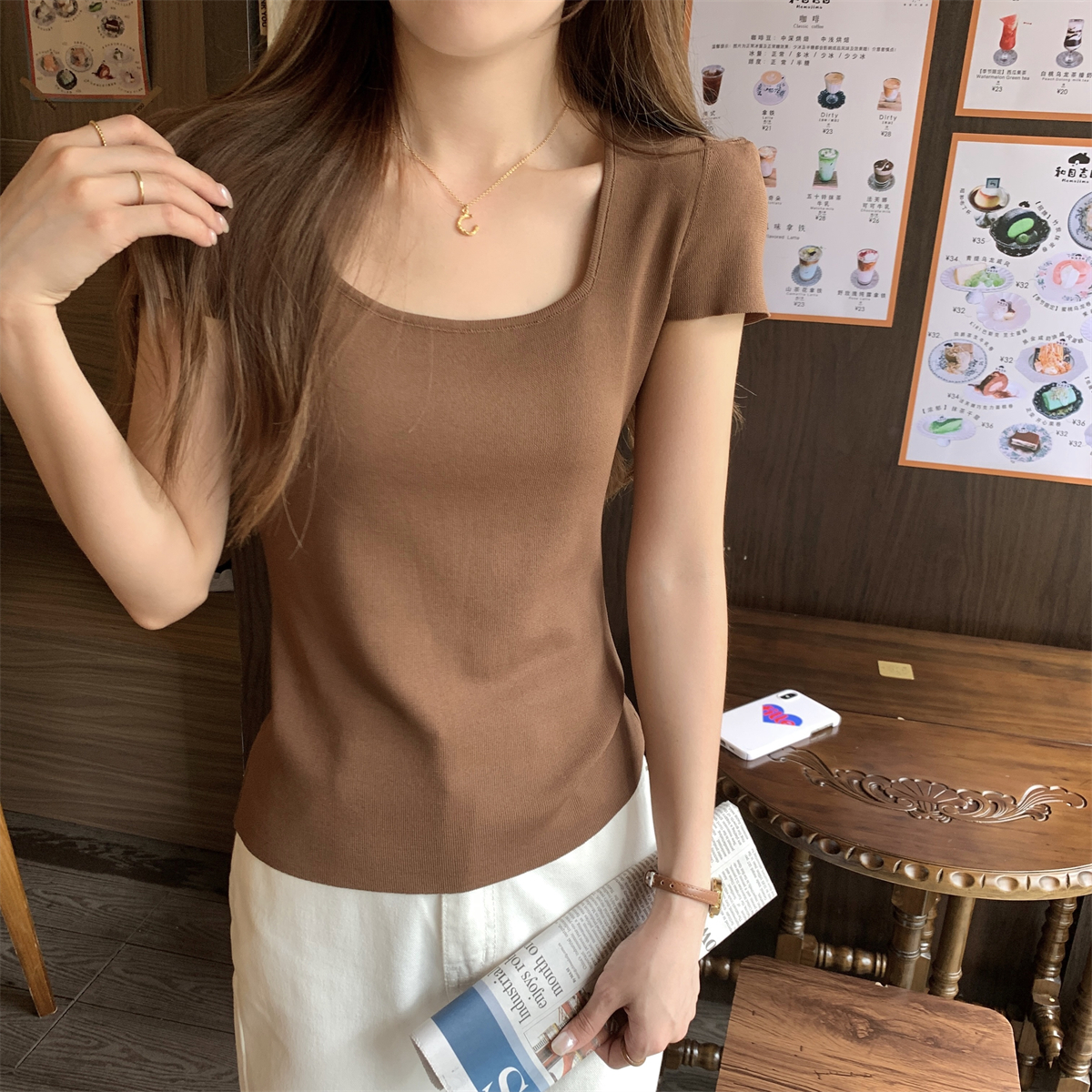 Real shot summer Korean style temperament square neck slimming simple slimming versatile knitted sweater short-sleeved top for women 