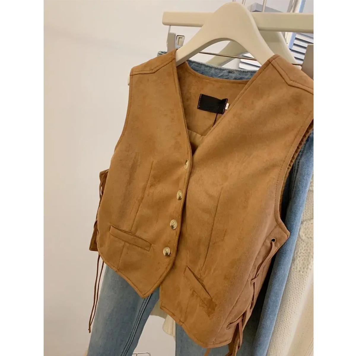 Quality inspector picture wearing lace-up vest for women spring and autumn new design niche casual short v-neck vest