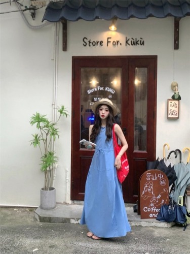 Real shot # lazy and versatile temperament sleeveless summer round neck women's dress loose holiday style long skirt for women