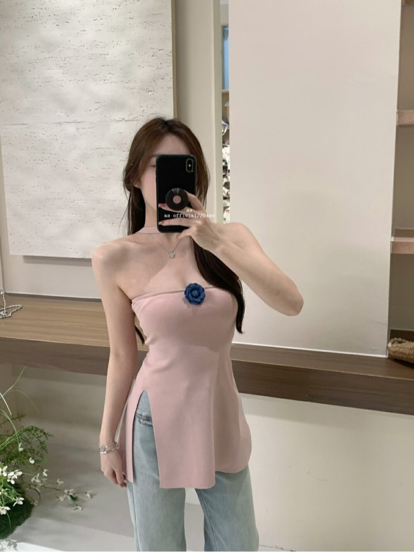 AS OFFICIAL recommends new summer design slit halterneck tube top for women with brooch