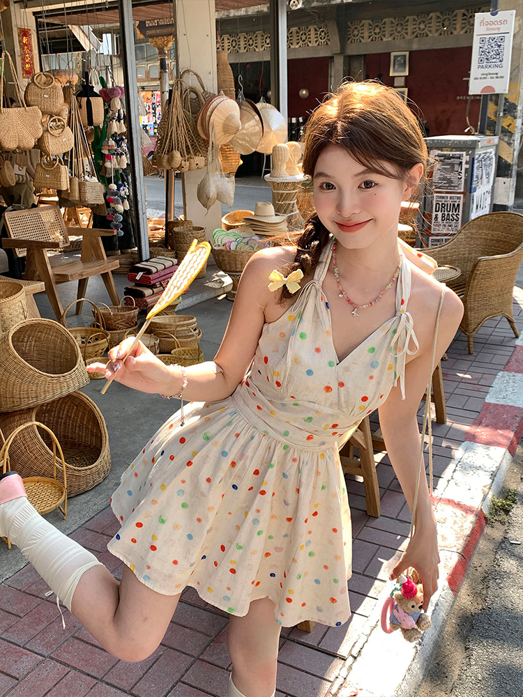 Sweet style rainbow polka dot halter neck suspender dress for women French style waist slimming mid-length v-neck dress