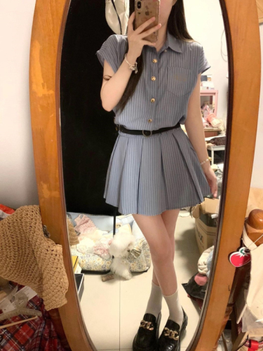 Korean style pure lust style striped shirt dress short skirt summer high-end temperament waist slimming pleated skirt belt