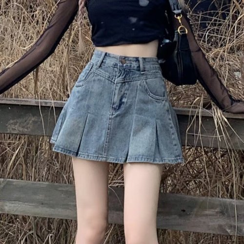 American retro denim short skirt for women summer high-waisted hot girl pleated skirt small A-line skirt 2024 new style