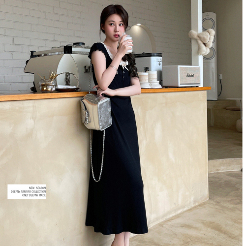 Black fake two-piece dress for women 2024 summer new style French style slim long skirt design slimming skirt