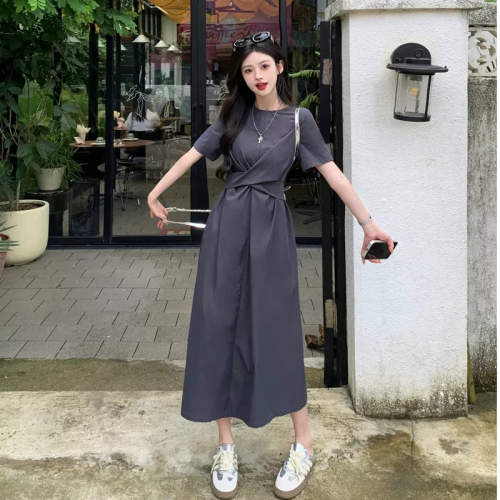 mm design cross pleated strap short-sleeved dress summer waist slimming bow long skirt