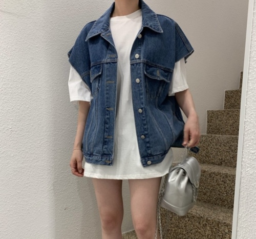 2024 Japanese and Korean raw edge wide shoulder loose denim vest