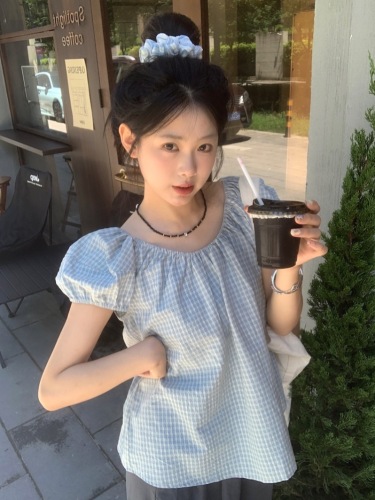 Actual shot~Korean style summer gray and blue plaid round neck puff sleeve niche shirt~