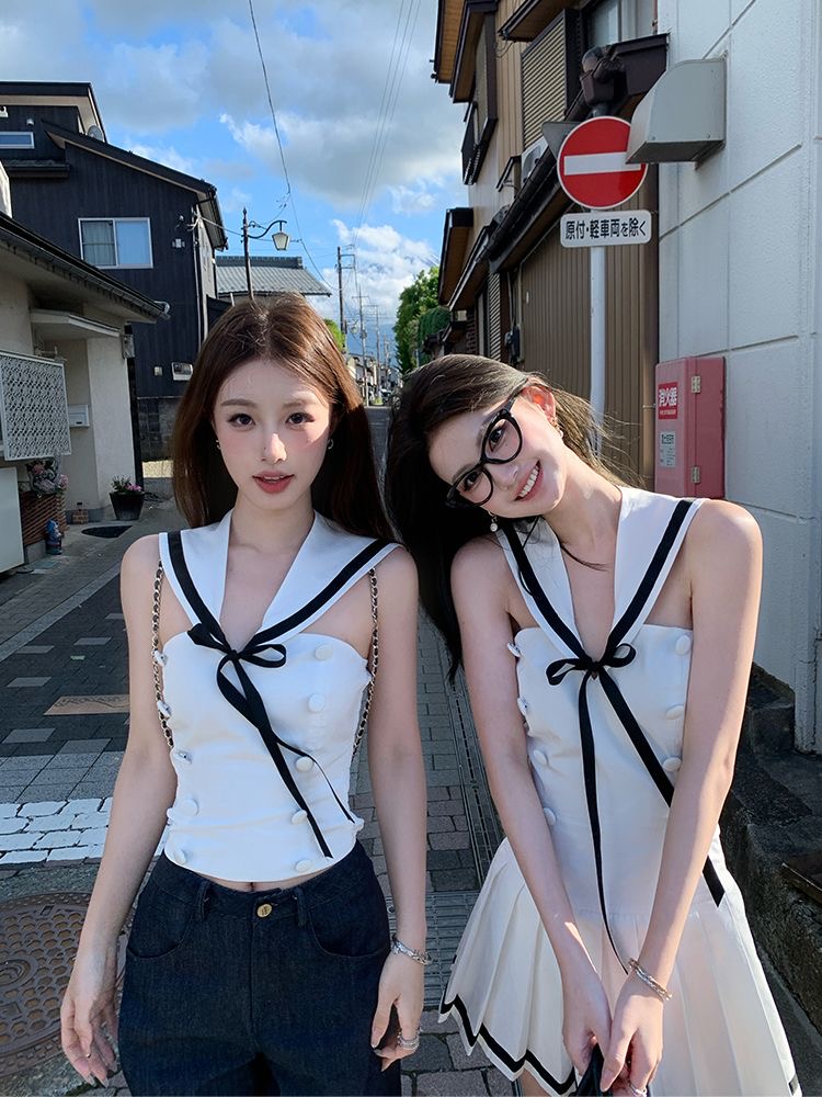 2024 new summer fashion niche millennium female tall hottie sailor collar tube top contrast color pleated dress