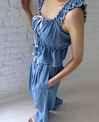 2024 Temperament Korean denim suit for women, waist vest top + straight pants