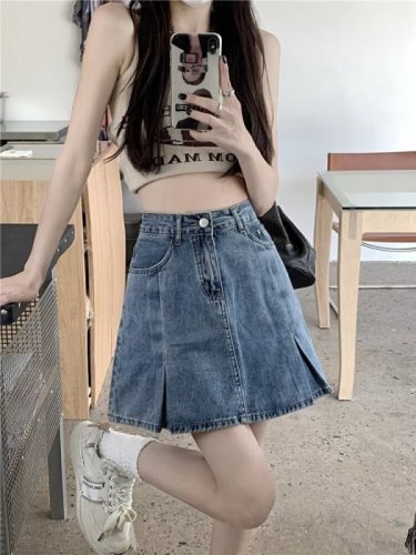 Blue high-waisted denim skirt short skirt culottes for women 2024 summer short skirt a-line skirt short skirt