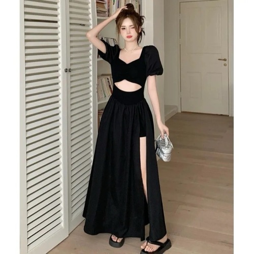 Temperament Hollow French Little Black Dress Women's Summer New Style Waist Slim Dress Puff Sleeves Square Neck Slit Long Skirt