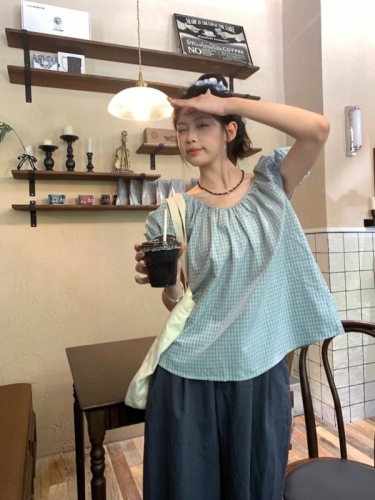 Actual shot~Korean style summer gray and blue plaid round neck puff sleeve niche shirt~