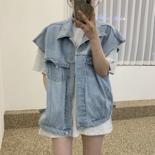 2024 Japanese and Korean raw edge wide shoulder loose denim vest