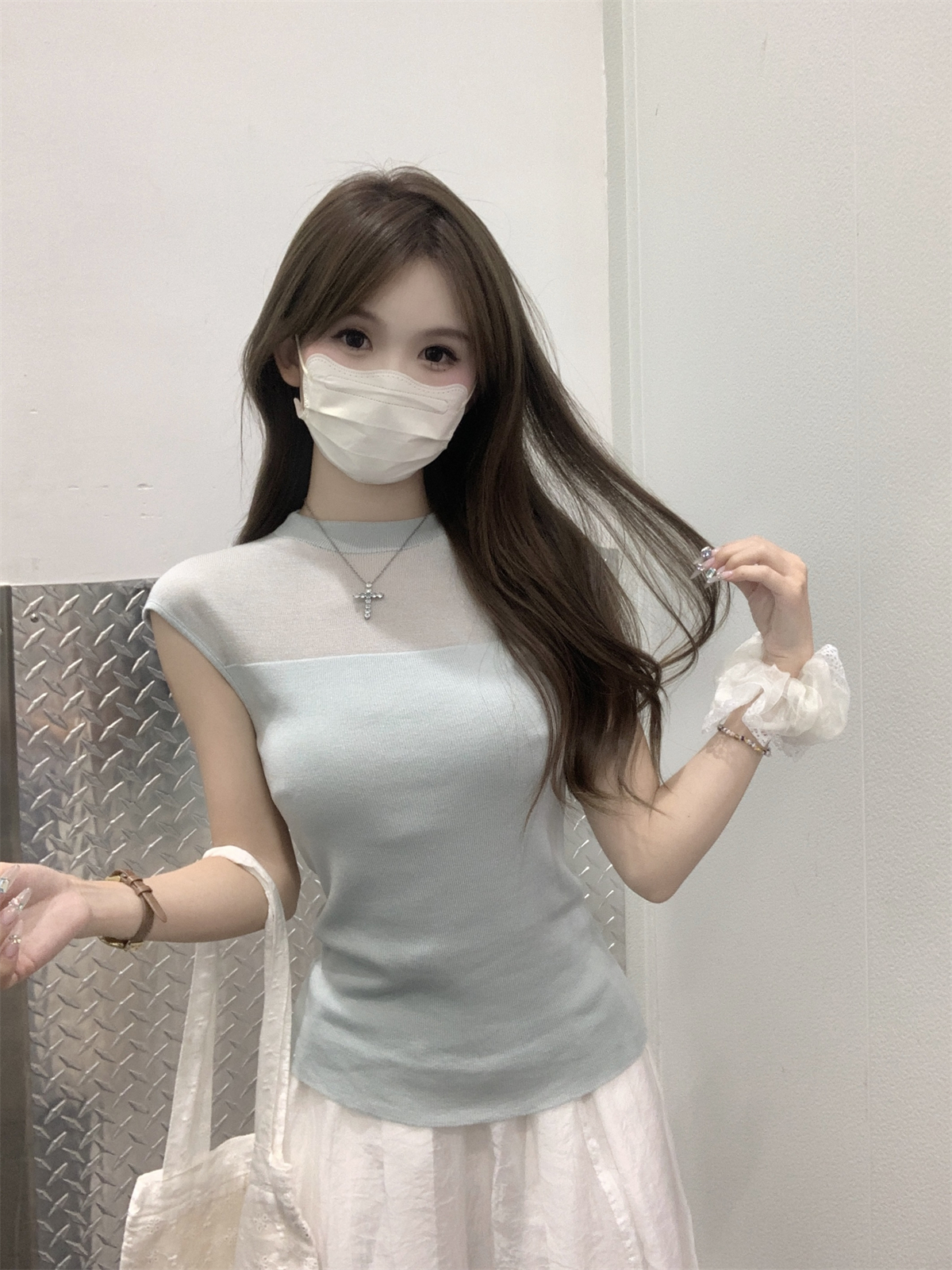 Summer Korean Style Fitted Elegant Pure Desire Sheer Splicing 6 Wool Lightweight Knit Short Sleeve Top