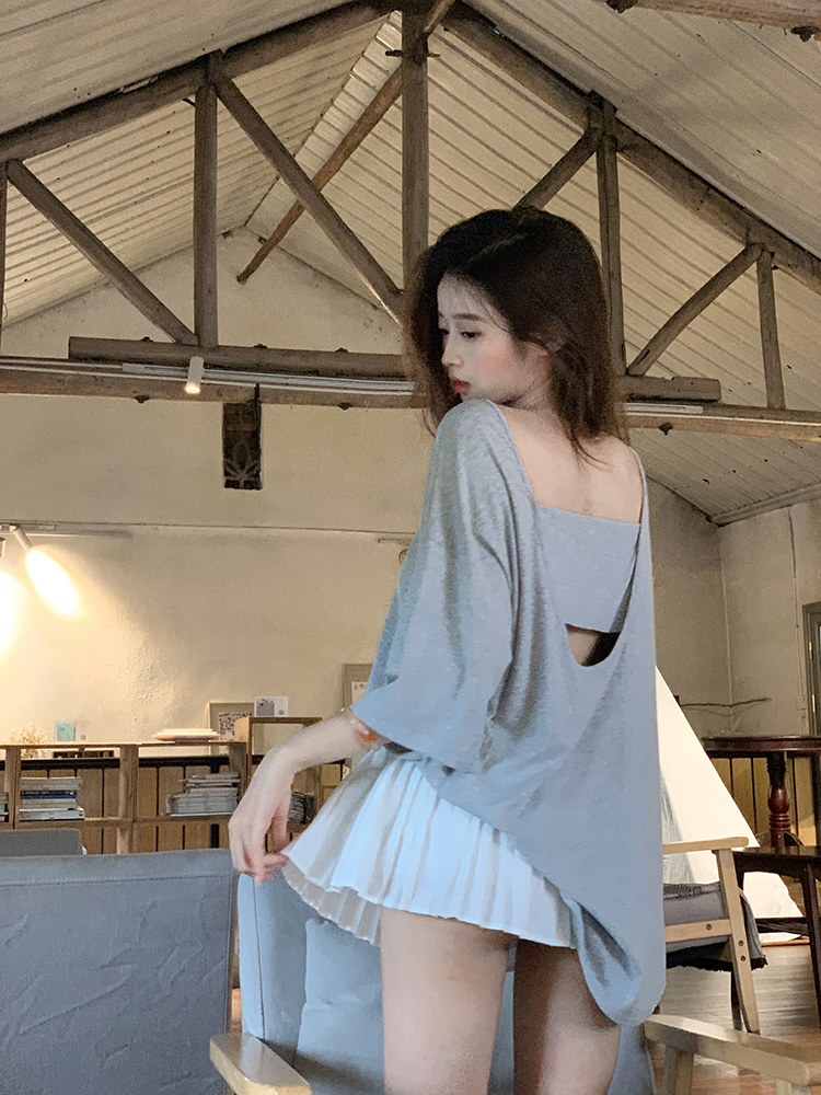 實拍！性感露背短袖T恤女設計感小眾寬鬆oversize落肩袖半袖上衣
