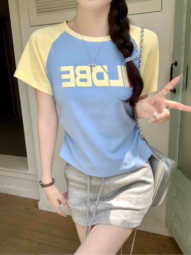 Real shot 1*1 thread 210g short-sleeved T-shirt summer raglan sleeves right shoulder slim short round neck top for women