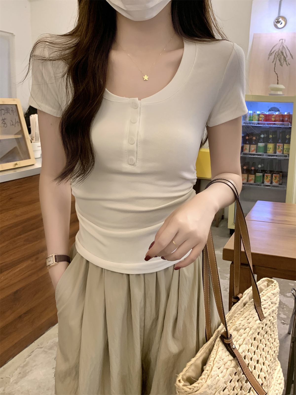 實拍 夏季韓版氣質百搭修身紐扣設計感褶皺純棉短袖T恤上衣