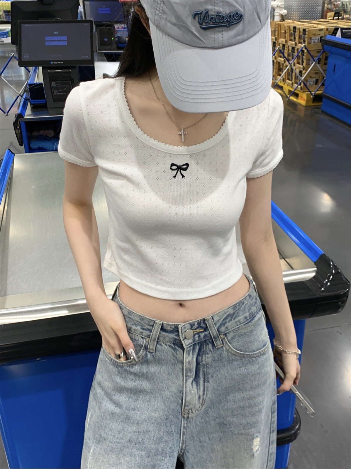 實拍 夏季韓版百搭甜美圓領提花蝴蝶結短款短袖T恤上衣