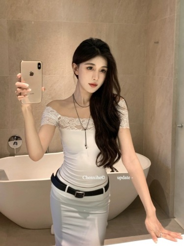 He Chenxi lace spliced ​​one-shoulder T-shirt for women summer lyocell simple and versatile pure desire slimming waist top