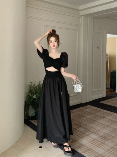 Temperament Hollow French Little Black Dress Women's Summer New Style Waist Slim Dress Puff Sleeves Square Neck Slit Long Skirt