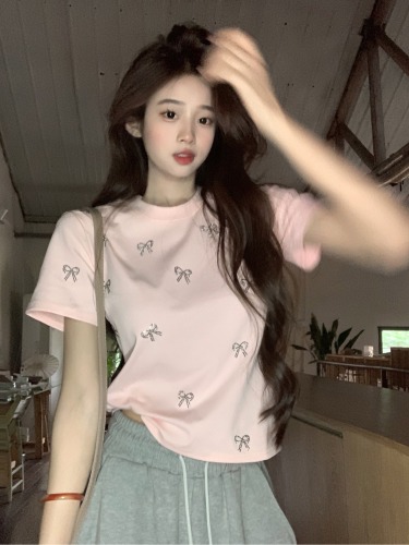 Real shot 1*1 threaded 210g short-sleeved T-shirt summer trend embroidered right shoulder slim short round neck top for women