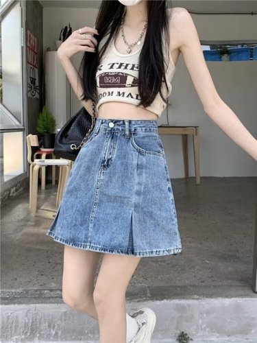 Blue high-waisted denim skirt short skirt culottes for women 2024 summer short skirt a-line skirt short skirt