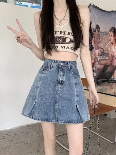 Blue high-waisted denim skirt short skirt culottes for women 2024 summer short skirt a-line skirt short skirt