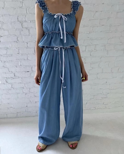 2024 Temperament Korean denim suit for women, waist vest top + straight pants