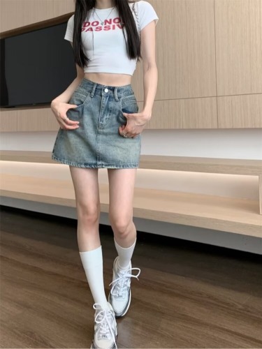 American Distressed Hot Girl Denim Skirt Women's 2024 Summer New High Waist Slim A-Line Hip Skirt Short Skirt