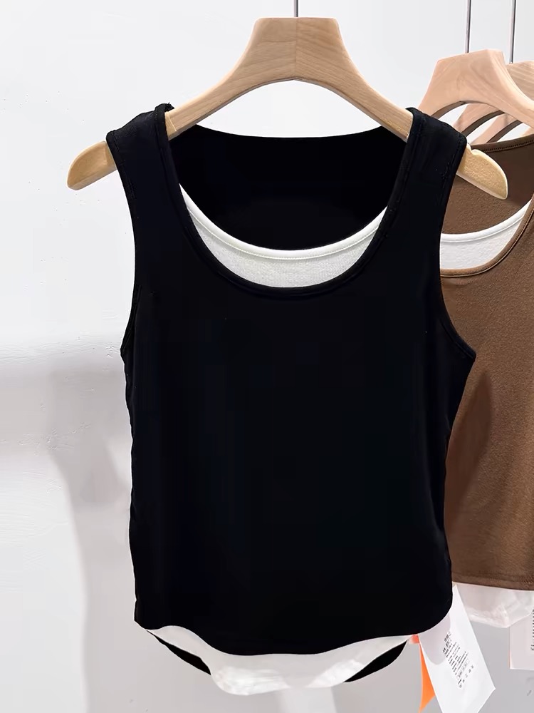 Sleeveless vest for women's summer outer wear 2024 new Korean style slimming black fake two-piece top to cover side breasts and reduce age