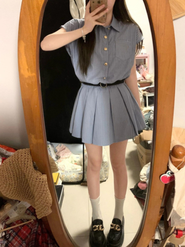 Korean style pure lust style striped shirt dress short skirt summer high-end temperament waist slimming pleated skirt belt