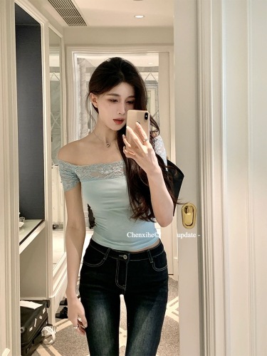 He Chenxi lace spliced ​​one-shoulder T-shirt for women summer lyocell simple and versatile pure desire slimming waist top