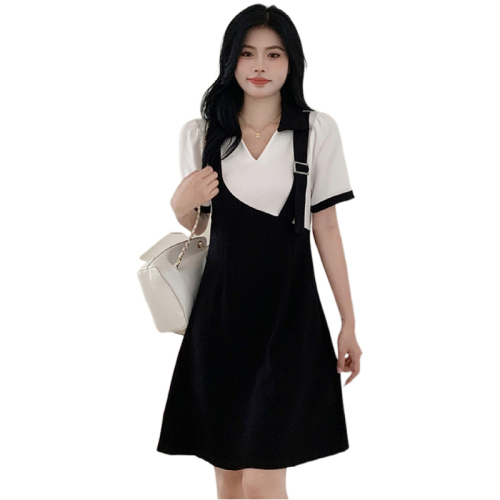 Good quality, good fabrics, summer dress for obese women, covering belly, showing slimming temperament, Polo collar, fake two-piece dress