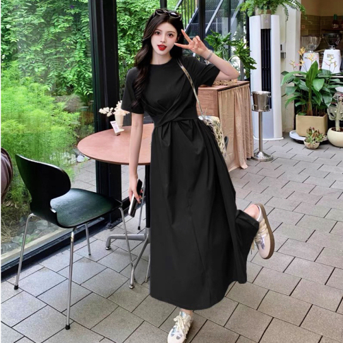 mm design cross pleated strap short-sleeved dress summer waist slimming bow long skirt