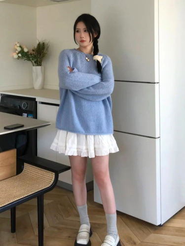 Blue gentle style Korean style gentle blue soft waxy round neck long-sleeved knitted sweater for women 24 autumn new style